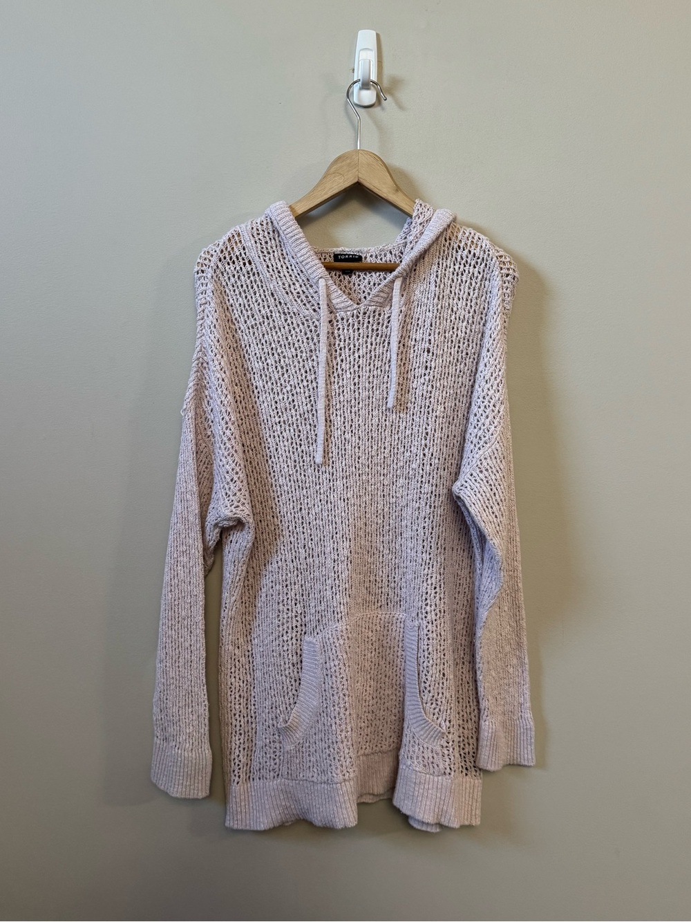 Torrid open knit light baby pink hooded pullover sweater